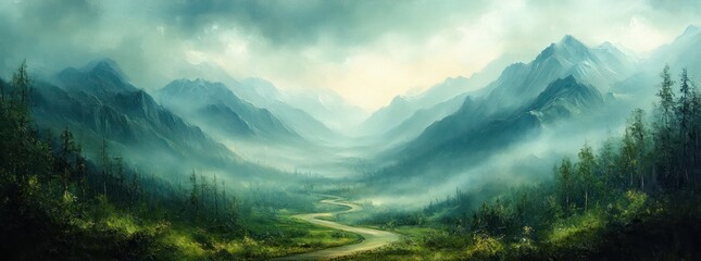 Aerial View of Serpentine Mountain Road in Misty Alpine Landscape