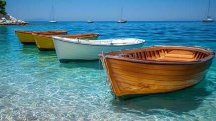 Naklejka premium Colorful Boats Floating on Calm Blue Water