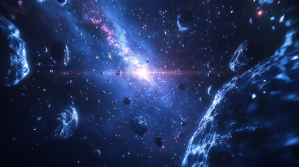 Spaceships race in outer space. Galactic competition of speed drive on rockets. Vector cartoon illustration of cosmos landscape with alien rocketships, asteroids and stars