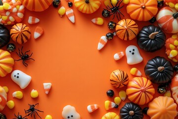 Halloween Candy and Decor Arrangement on Vibrant Orange Background