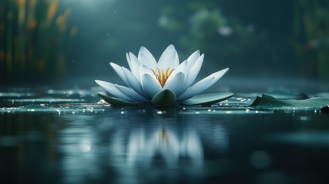 Serene white water lily pond reflection, calm nature background, spa