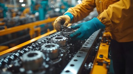 A person working with machine parts in a factory setting