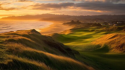 Obraz premium Sunset golf course views coastal landscape aerial photography tranquil environment scenic outlook