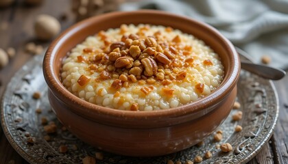 Traditional Turkish sütlaç served in an earthenware bowl. A creamy, baked rice pudding dessert with a rich and indulgent flavor 
