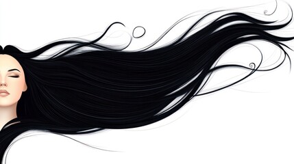 Woman's long black hair flowing, white background