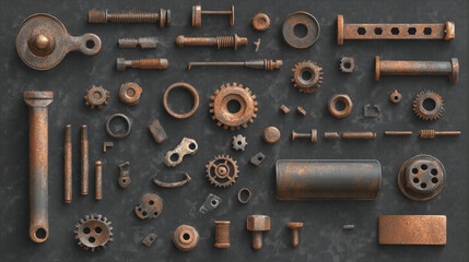 Old screw and nail heads set, golden metal bolts, grunge rusty rivets hardware yellow caps with grooves and holes top view isolated on transparent background. Realistic 3d vector illustration, icons