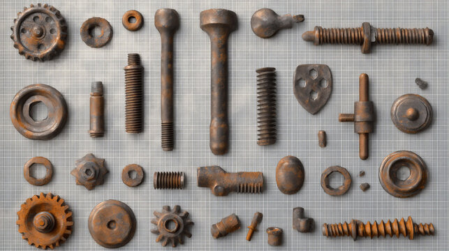 Old screw and nail heads set, golden metal bolts, grunge rusty rivets hardware yellow caps with grooves and holes top view isolated on transparent background. Realistic 3d vector illustration, icons