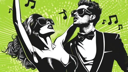 Couple dancing passionately together while enjoying lively music at a vibrant party night in a neon-lit atmosphere