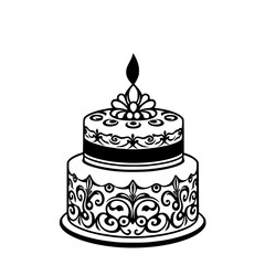 Two-Tiered Cake with Intricate Ornate Black and White Decorative Design.