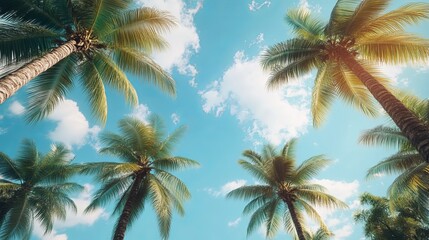 Palm trees against bright blue sky tropical paradise nature photography serene atmosphere upward perspective
