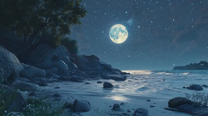 Moonlit beach scene coastal area digital artwork nighttime setting tranquil view nature beauty