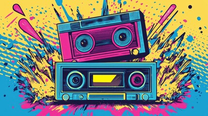 Vintage cassette tapes burst with colors and energy in a bold artistic design inspired by retro music culture