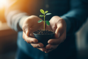 A close-up of hands gently holding a small, green plant sprouting from fertile soil. This image represents care for nature, sustainable farming, and the nurturing of new life in the environment.