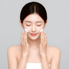 A young woman applying skincare products, showcasing a beauty and self-care routine for healthy, glowing skin.