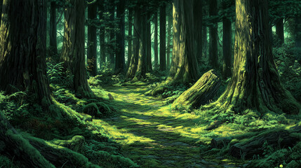 Obraz premium Enchanted Forest Path with Sunlight 