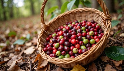Wicker basket filled with ripe coffee cherries on forest ground, fresh crop