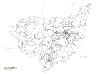 map of highways and buildings in the city of aguas buenas in the country of puerto rico with black and white color