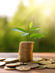 A symbolic representation of financial growth featuring a small plant growing from stacks of coins, representing investment, sustainability, and wealth creation.