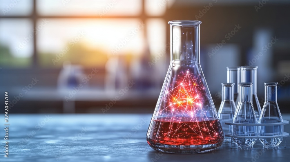 Poster laboratory flask filled with red liquid alongside colorful digital flow chart for process management