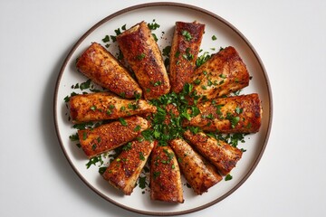 Deliciously Crispy Spiced Salmon Fillets Arranged Elegantly on a White Plate with Fresh Herbs