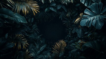 Fototapeta premium Dark Green and Gold Tropical Leaves Frame Background