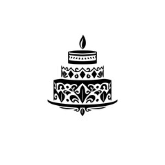 Monochrome three-tiered cake design with elegant ornamentation and a single candle at the top, ideal for events.