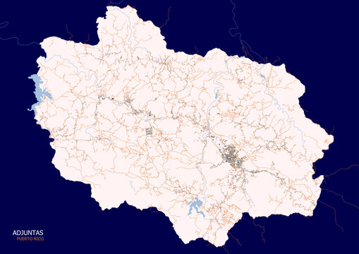 map of highways and buildings in the city of adjuntas in the country of puerto rico with blue background
