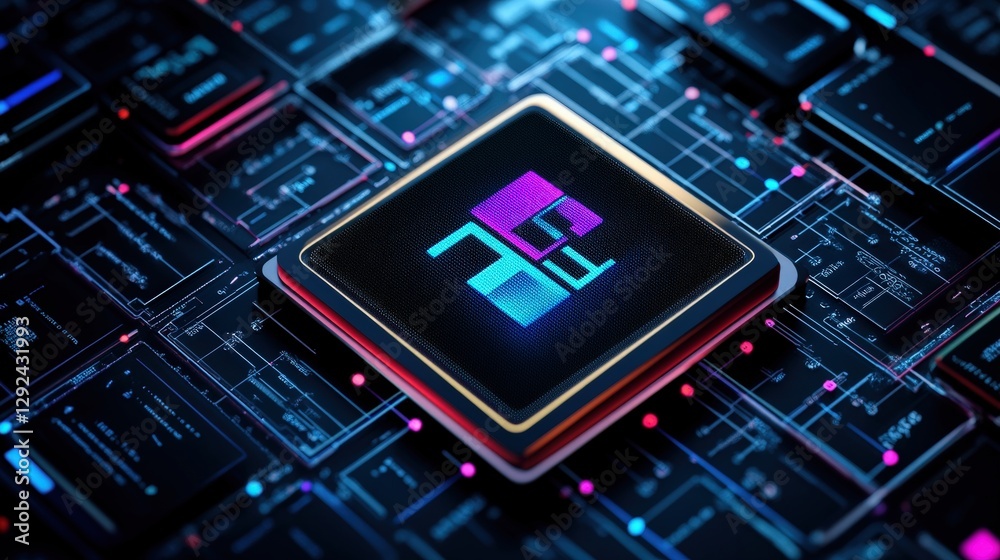 Poster processor chip with colorful flowchart and digital management elements in a high fidelity image