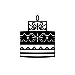 Black-and-White Birthday Cake Illustration with Candle and Decorative Ornaments