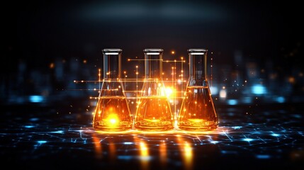 Three test tubes with glowing lights on dark background and colorful digital flow chart management process