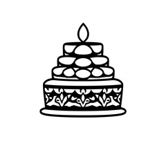 Intricate Black and White Cake with Candle, on a White Background.