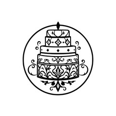 Elegant Illustration of a Three-Tiered Cake within a Circular Frame, Decorative Design, Black and White.