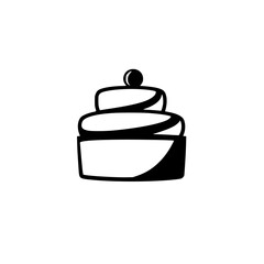 Simple illustration of a two-layered cake in black and white, featuring a minimal design, with a single dark cherry on top against a clean, white backdrop.