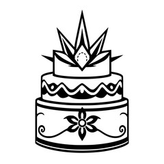 Detailed Black and White Vector Illustration of a Three-Tiered Cake with Geometric Floral Motifs and Topper.