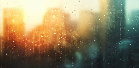 A view of a city skyline through a rainy window, with water droplets on the glass reflecting the warm glow of city lights. The scene conveys a calm, serene atmosphere on a rainy urban evening.