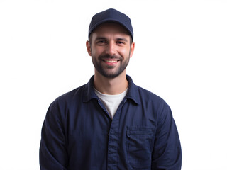 A friendly and professional worker wearing a uniform and cap, representing skilled trades, maintenance, and technical services.