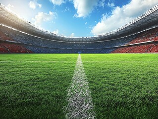 Fototapeta premium Empty Stadium with Green Grass Field and Blue Sky Above