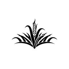 Black and white graphic illustration of wheat sprig with ears, leaves and grass.