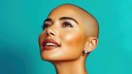 A woman with a shaved head gazes upwards, displaying a joyful expression. Her skin glows in warm tones, and she wears earrings that add elegance. The bright teal backdrop enhances her beauty