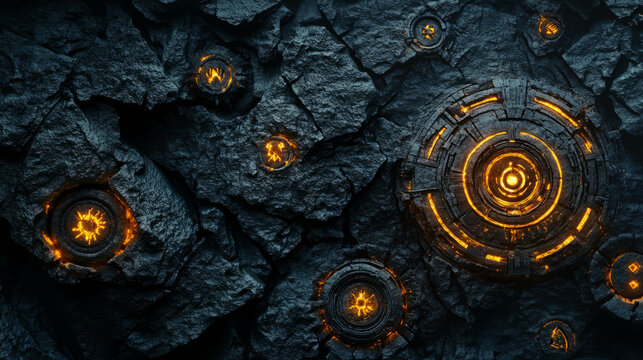 Ancient stone texture with glowing mystic symbols for fantasy or sci-fi design