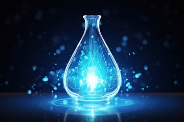 Glowing blue magical potion in glass flask with sparkling light effects on dark background. Fantasy alchemy laboratory concept with luminous magical liquid and copy space