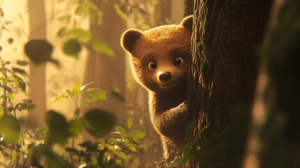 A curious young bear peering from behind a tree in a sunlit forest, conveying a sense of innocence and wonder