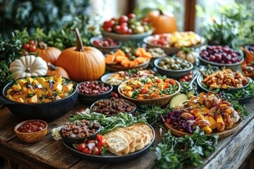 Autumn Feast Rustic Table Scene with Stuffed Pumpkins Squash Sweet Potatoes Vegetables Soup and Pumpkin Pie