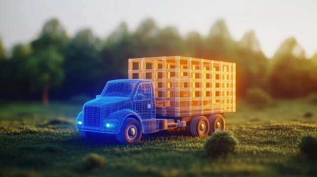 Truck with a crate on the back and digital wireframe glowing blue in a high fidelity representation