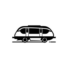 Modern black and white train silhouette icon, in minimalist style, featuring the train on a simple, clean white background.