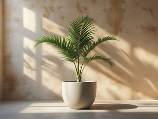 Fototapeta premium Tropical potted plant in a minimalist sunlit corner with textured beige walls and soft shadows, creating a natural, serene, and stylish interior design atmosphere with warm tones