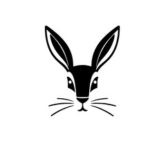 Black and white minimalist bunny head silhouette, front view on white.