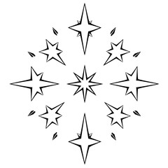 Black and white illustration of a starburst-like design, featuring stars of different shapes. The stars are arranged in a circular pattern.