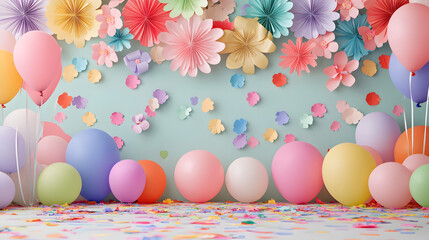 un muro o pared de un cuarto o habitacion colorida con decoraciones de flores de papel y globos de colores vibrantes para diseño de cumpleaños o festejo infantil o femenino 