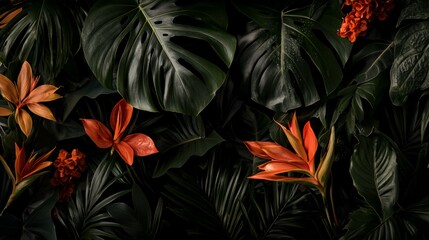 Dark Lush Tropical Leaves and Orange Flowers Background
